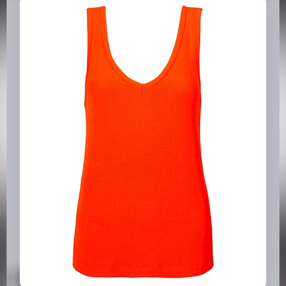CABI Busy Tank Geranium Red V Neck Ribbed Jersey Knit Slim Fit Top Wide Straps